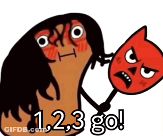 A Cartoon Drawing Of A Person Holding A Devil Mask With The Words1,2,3 Go Written Below It GIF