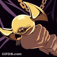 A Cartoon Drawing Of A Person Holding A Golden Snitch Necklace GIF