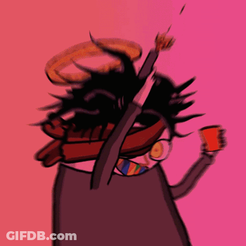 A Cartoon Drawing Of A Person Holding A Knife And A Cup Of Coffee GIF