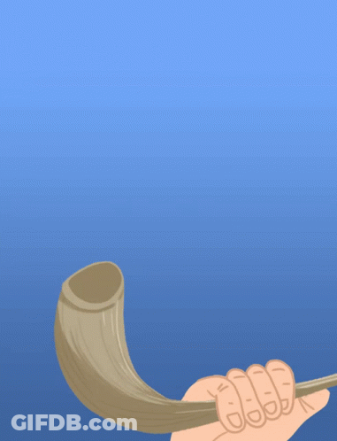 A Cartoon Drawing Of A Person Holding A Shofar With The Words Happy 5781 In Hebrew GIF