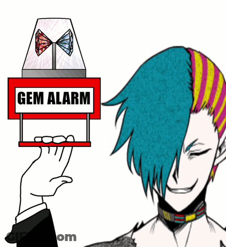 A Cartoon Drawing Of A Person Holding A Sign That Says Gem Alarm GIF