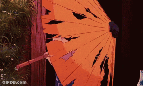 A Cartoon Drawing Of A Person Holding A Torn Orange Umbrella GIF