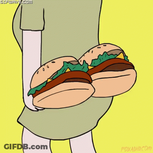A Cartoon Drawing Of A Person Holding Two Hamburgers In Their Hands GIF