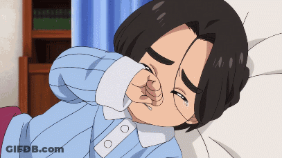 A Cartoon Drawing Of A Person Laying In Bed With Their Hand On Their Nose GIF