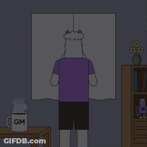 A Cartoon Drawing Of A Person Opening A Window With A Mug That Says Gm GIF