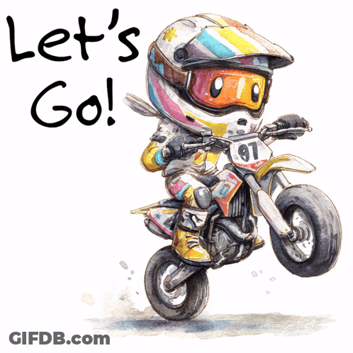 A Cartoon Drawing Of A Person Riding A Dirt Bike With The Words Let 'S Go Below Them GIF