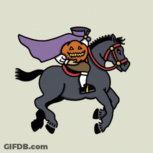 A Cartoon Drawing Of A Person Riding A Horse With A Pumpkin Head GIF