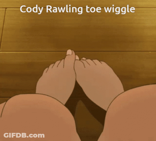 A Cartoon Drawing Of A Person 'S Feet With The Words Cody Rawling Toe Wiggle Below Them GIF