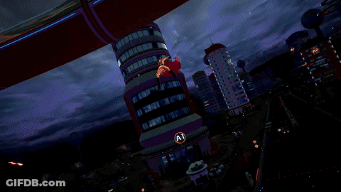 A Cartoon Drawing Of A Person 'S Hands Reaching Out Towards A Building With The Letter A On It GIF