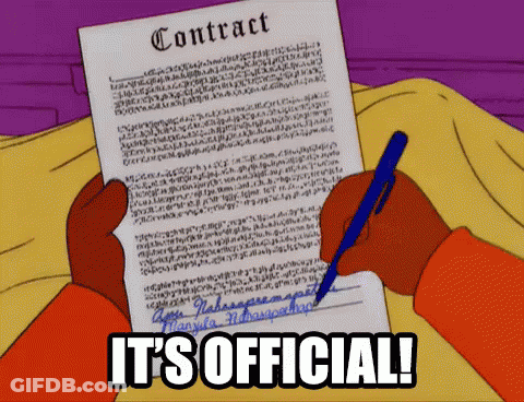A Cartoon Drawing Of A Person Signing A Contract That Says It 'S Official GIF