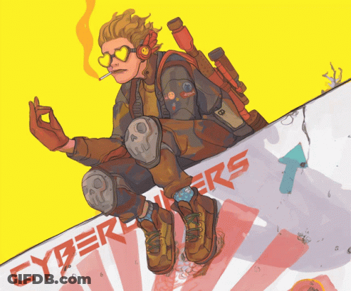 A Cartoon Drawing Of A Person Sitting On A Wall With The Word Cyber On It GIF