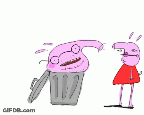A Cartoon Drawing Of A Person Standing Next To A Garbage Can GIF