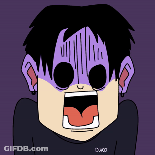 A Cartoon Drawing Of A Person With Purple Hair And A Shirt That Says Duko On It GIF