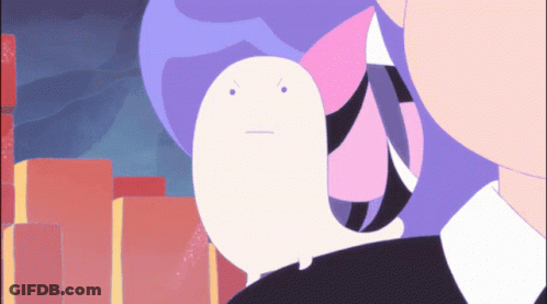 A Cartoon Drawing Of A Person With Purple Hair And A White Ghost With An Angry Face GIF