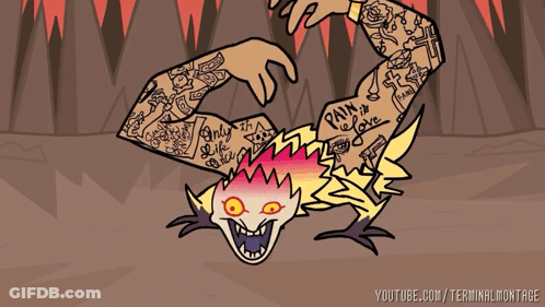 A Cartoon Drawing Of A Person With Tattoos On Their Arms And Chest GIF