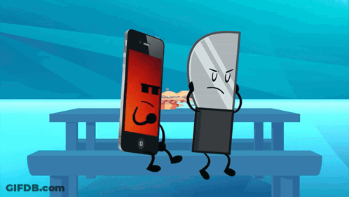 A Cartoon Drawing Of A Phone And A Knife Standing Next To Each Other On A Picnic Table GIF