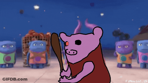 A Cartoon Drawing Of A Pig Holding A Bat With The Year ' F2movie2 ' On The Bottom GIF