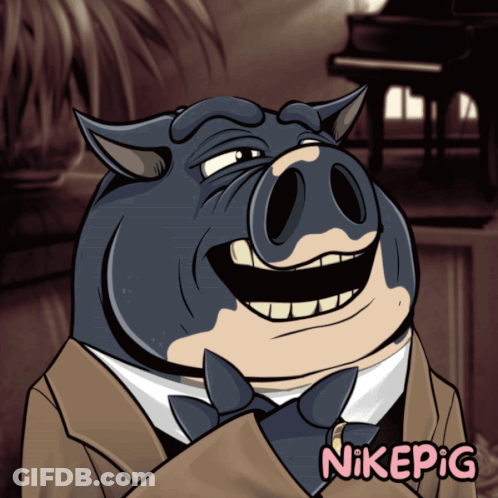 A Cartoon Drawing Of A Pig Wearing A Suit And Bow Tie With Nikepig Written On The Bottom GIF