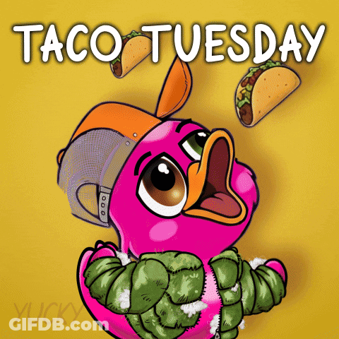 A Cartoon Drawing Of A Pink Bird With Tacos Coming Out Of Its Beak And The Words Taco Tuesday Below It GIF
