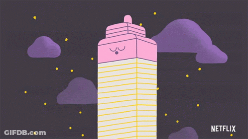 A Cartoon Drawing Of A Pink Building With Netflix Written On The Bottom GIF