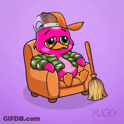 A Cartoon Drawing Of A Pink Duck Holding A Broom With The Word Lo Written On It GIF