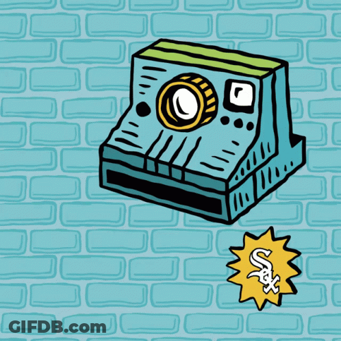 A Cartoon Drawing Of A Polaroid Camera On A Brick Wall With A Sticker That Says Jax GIF