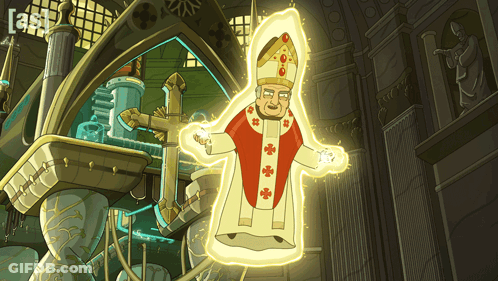A Cartoon Drawing Of A Pope With A Light Coming Out Of Him GIF