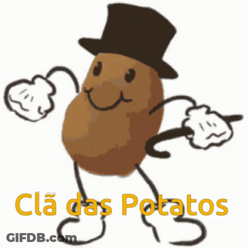 A Cartoon Drawing Of A Potato Wearing A Top Hat And Gloves With The Words Cla Das Potatos Below It GIF