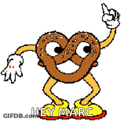 A Cartoon Drawing Of A Pretzel With Arms And Legs Saying Heymarc GIF