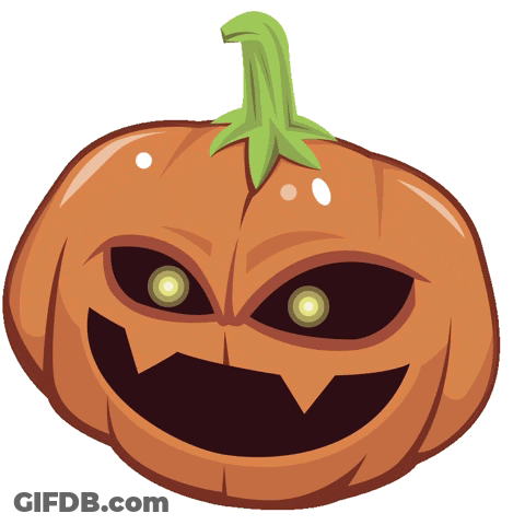 A Cartoon Drawing Of A Pumpkin With Glowing Eyes And A Green Stem GIF