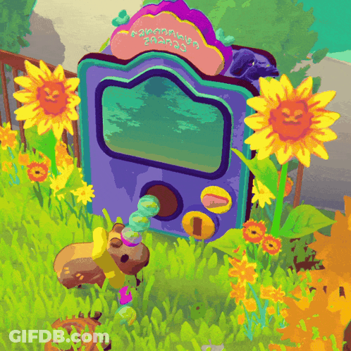 A Cartoon Drawing Of A Purple And Pink Item With A Sunflower On Top Of It GIF