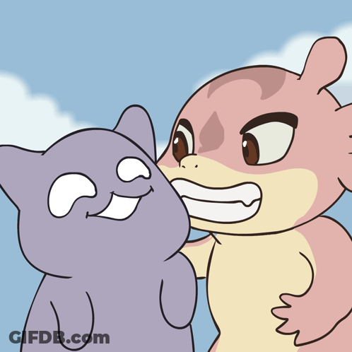 A Cartoon Drawing Of A Purple Cat And A Pink Animal GIF