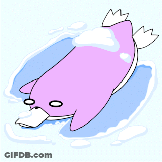 A Cartoon Drawing Of A Purple Dolphin With White Feathers GIF