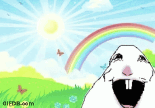 A Cartoon Drawing Of A Rabbit With A Rainbow Behind It GIF