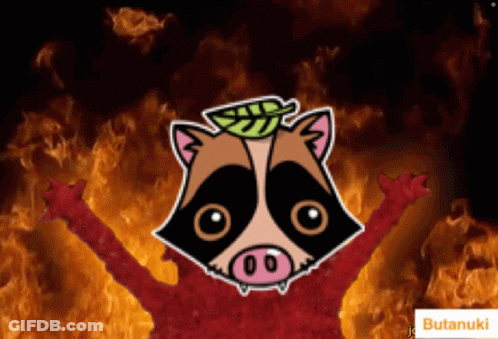 A Cartoon Drawing Of A Raccoon With A Leaf On Its Head And Butanuki In The Corner GIF