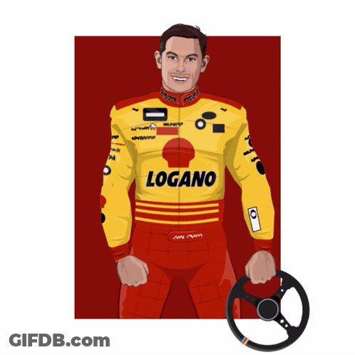 A Cartoon Drawing Of A Race Car Driver Wearing A Yellow Logano Jacket GIF