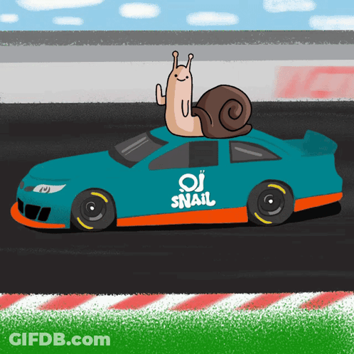 A Cartoon Drawing Of A Race Car With A Snail On Top Of It GIF