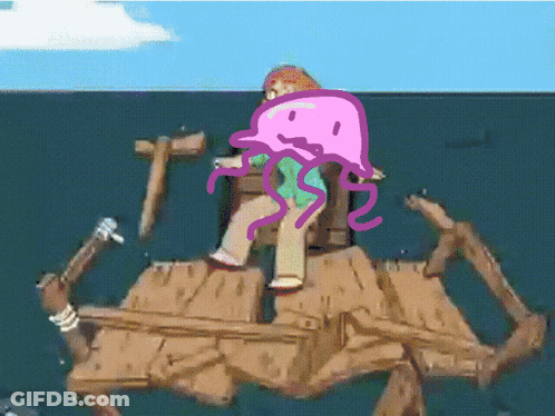 A Cartoon Drawing Of A Raft In The Ocean GIF
