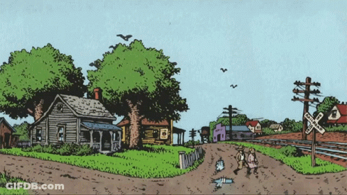 A Cartoon Drawing Of A Railroad Crossing With A House In The Foreground GIF
