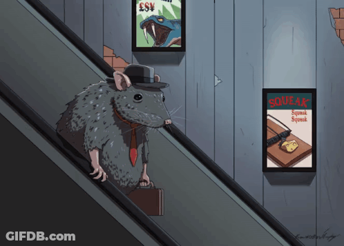 A Cartoon Drawing Of A Rat On An Escalator Next To A Poster For Squeak GIF