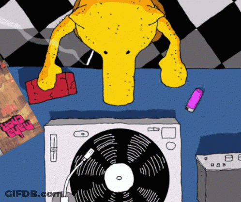 A Cartoon Drawing Of A Record Player With A Book That Says ' Hold Your Own ' On It GIF
