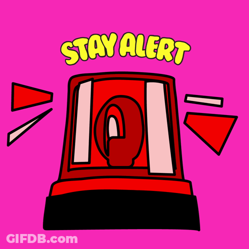 A Cartoon Drawing Of A Red Alarm That Says " Stay Alert " On A Pink Background GIF