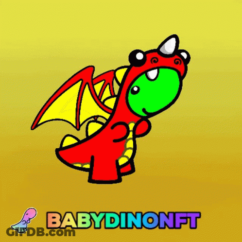 A Cartoon Drawing Of A Red And Green Dragon With The Words Babydinonft Underneath It GIF