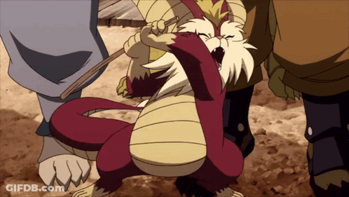 A Cartoon Drawing Of A Red And White Dragon With A Stick In Its Mouth GIF