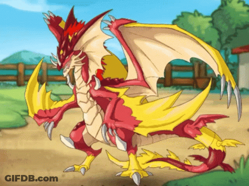 A Cartoon Drawing Of A Red And Yellow Dragon In A Field GIF