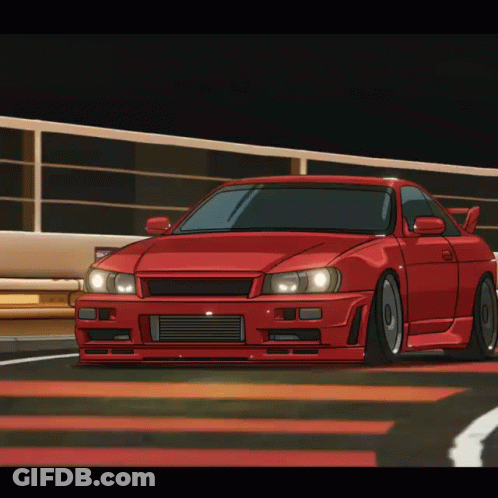 A Cartoon Drawing Of A Red Car Driving On A Road GIF