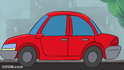 A Cartoon Drawing Of A Red Car On The Side Of The Road GIF