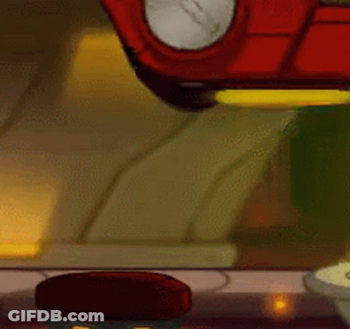 A Cartoon Drawing Of A Red Car With A Clock On The Front . GIF