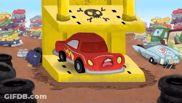 A Cartoon Drawing Of A Red Car With A Skull And Crossbones On It GIF