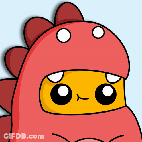 A Cartoon Drawing Of A Red Dinosaur With A Yellow Face And White Eyes GIF